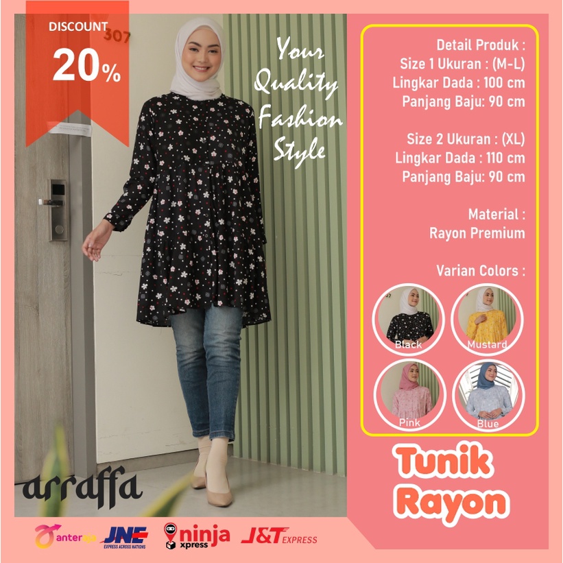Baju Tunik Rayon Atasan Gamis Wanita Import Korea Premium Terbaru Kekinian Motif Bunga Kombinasi