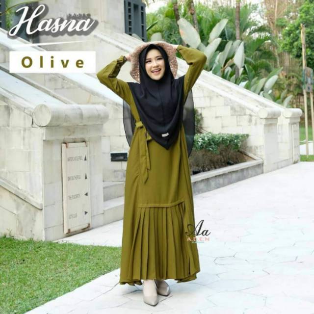 Hasna dress by Aden hijab gamis olive hijau army pesta premium branded formal