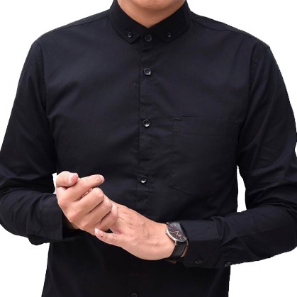 Kemeja Formal Pria Polos Lengan Panjang Bahan Katun - Hitam