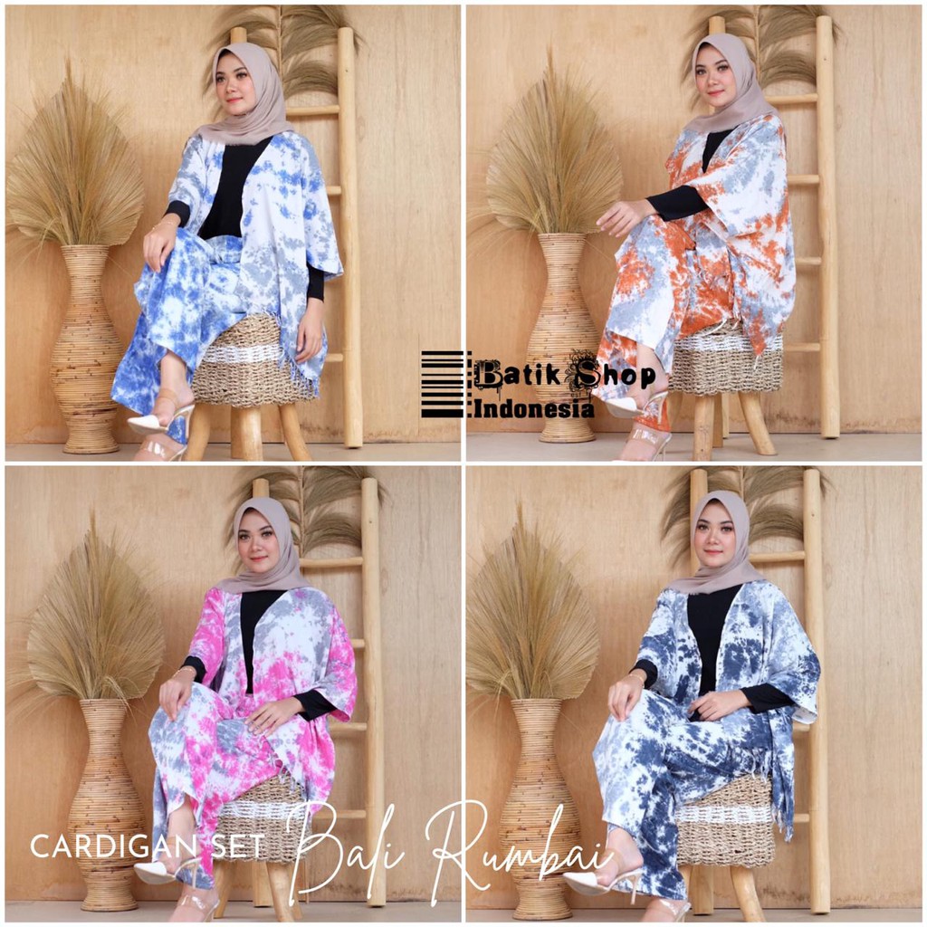 Setelan Tiedie Rombe Handmade Rayon Jumputan Set Cardigan Bali Rumbai Kardigan Warna Outer