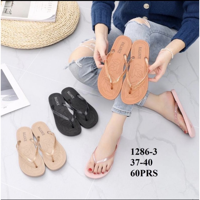 SANDAL JEPIT IMPORT WANITA BALANCE 1286-3 MOTIF DAUN TALI GLITTER BENING