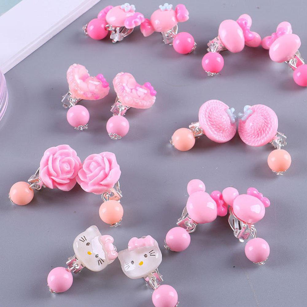 Timekey 7 Pasang / set Anting Klip Telinga Anak Perempuan Desain Hewan / Bunga / Mickey / Hello Kitty A2K2