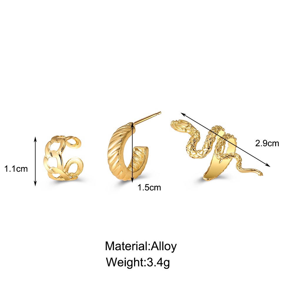 3pcsset Anting Tusuk Desain Rantai Ular Warna Gold Gaya Punk Untuk Wanita