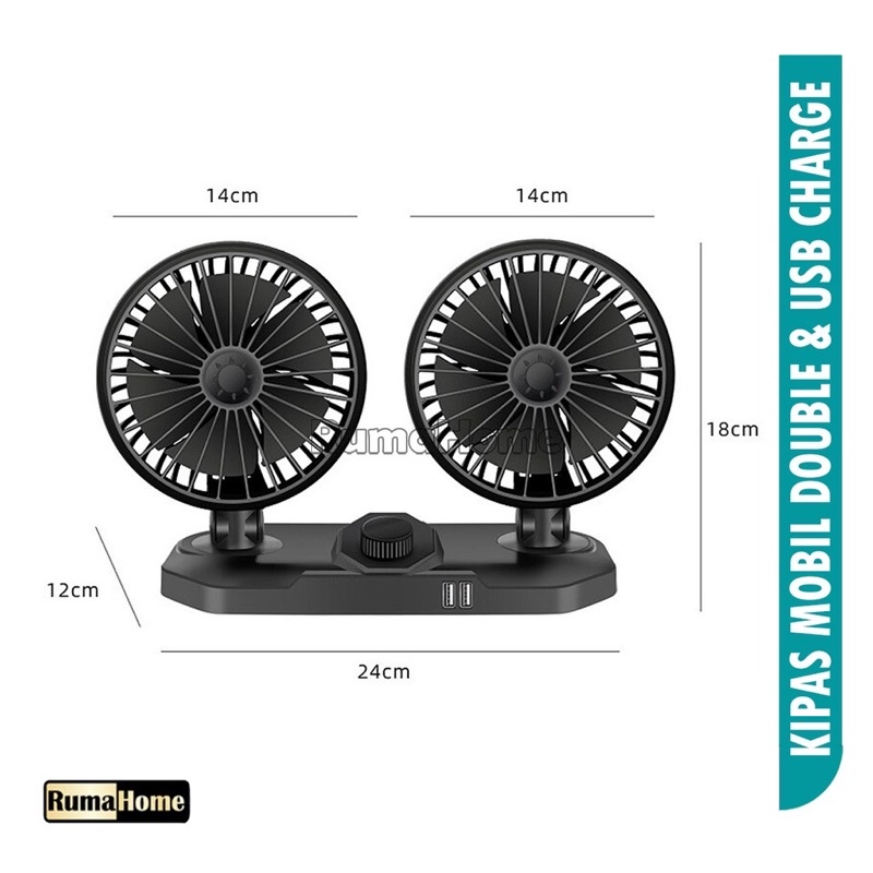 Kipas Mobil Double Fan 12-24v dengan 2 usb charger