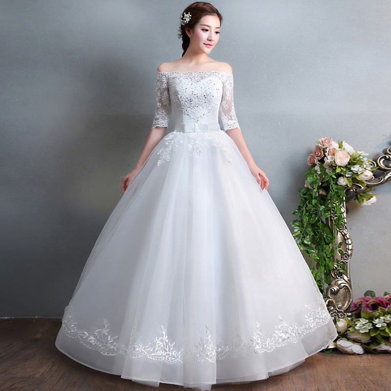 Gaun Pengantin Long Dress Maxi Lace Mesh Mengembang Off Shoulder Lengan12belakang Tali Adjust