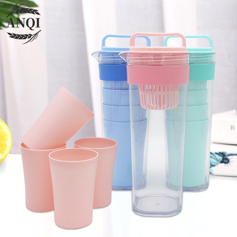 Teko Set 5 In 1 /Travel Cup/Water Mug / Cangkir Air Warna Warni / Teko plastik Ada 4 pcs cangkir