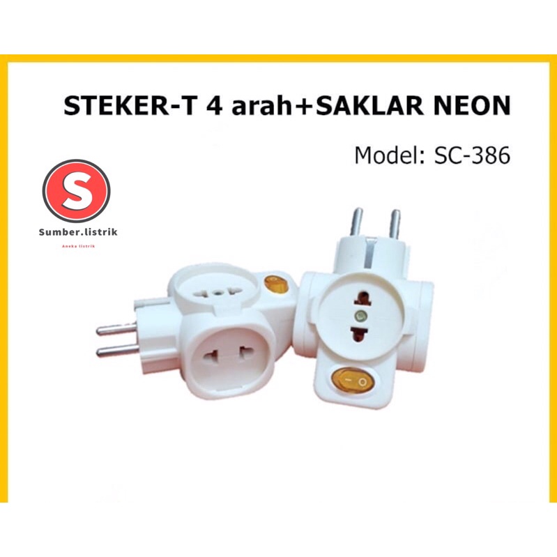 STEKER-T 4 arah+SAKLAR NEON / Colokan Cabang Multi