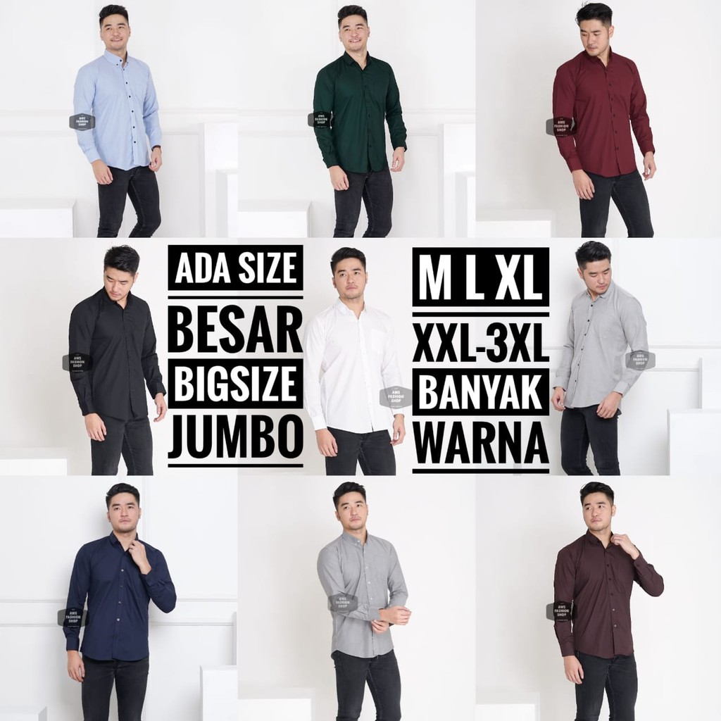 Kemeja Panjang Pria Cowok Polos Jumbo Big Size XXL XXXL / 3XL  Hitam, Biru Navy, Putih, Abu, Maroon