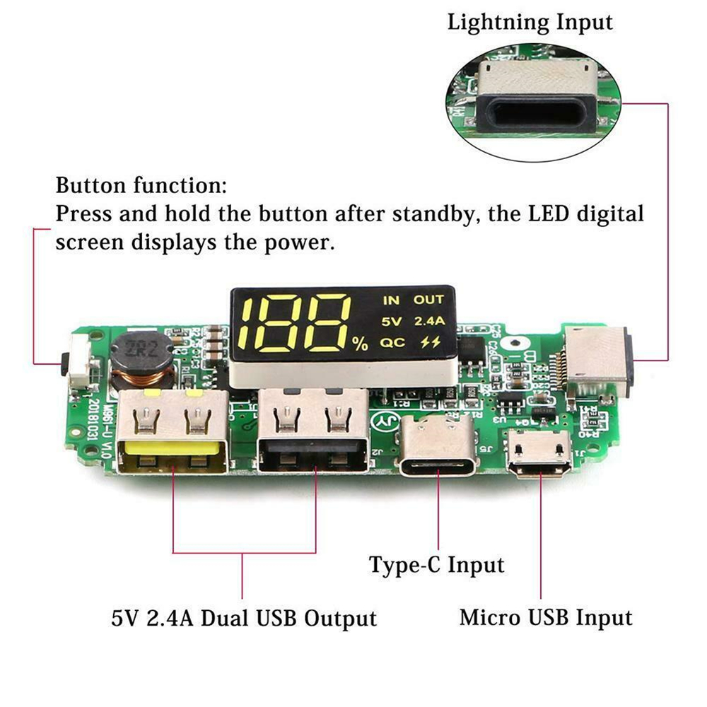 Modul Power Bank Charger Baterai Lithium 18650 Dual Usb Tipe-C / Micro Usb 5v 2.4a Dengan Layar Digital Led