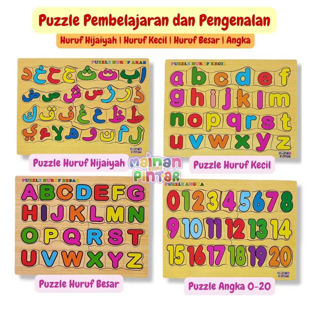 Puzzle Kayu Pengenalan Huruf Hijaiyah Huruf Alphabet Dan Angka - Mainan edukasi Anak - Mainan Kayu Pintar
