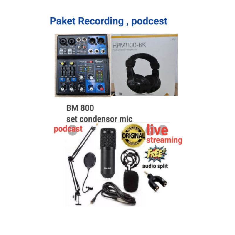 Paket Recording podcast live streaming, mixer Bismarck, mic BM 800, headphone bheringer.