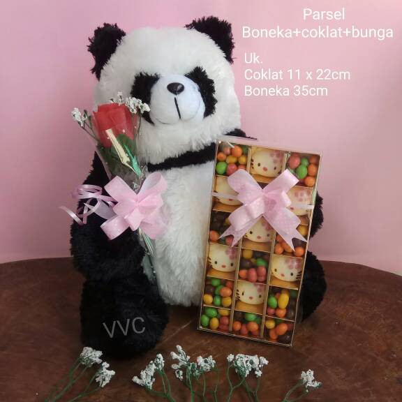 Parsel Valentine besar (Boneka panda + coklat valentine + bunga)