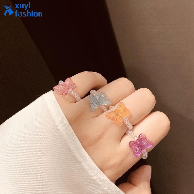 Current Fashion Smiley Butterfly Bead Ring Trend Transparent Ring for Women Jewelry Accessories