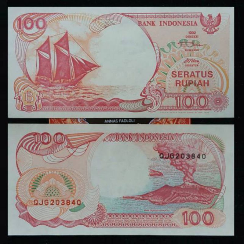 Uang kertas kuno 100 rupiah perahu layar tahun 1992 (asli)