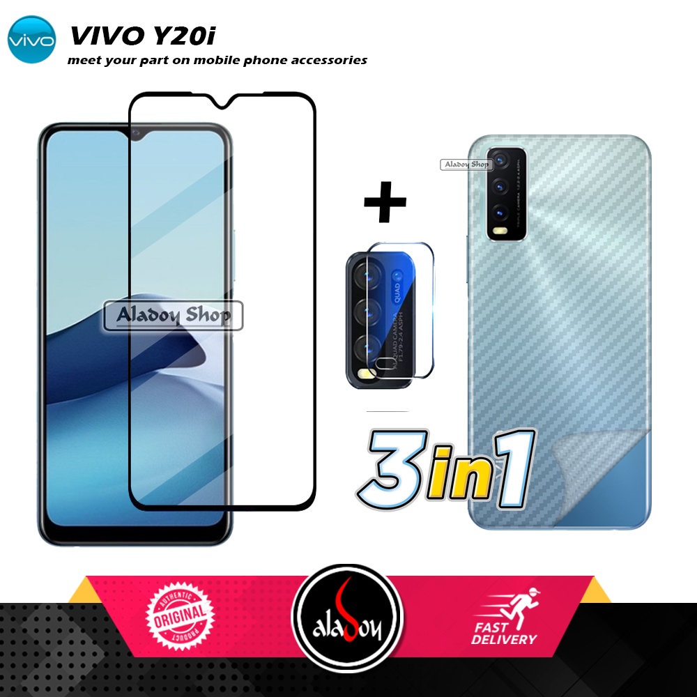 PAKET 3 IN 1 Tempered Glass Layar VIVO Y20i Free Tempered Glass Camera dan Skin Carbon