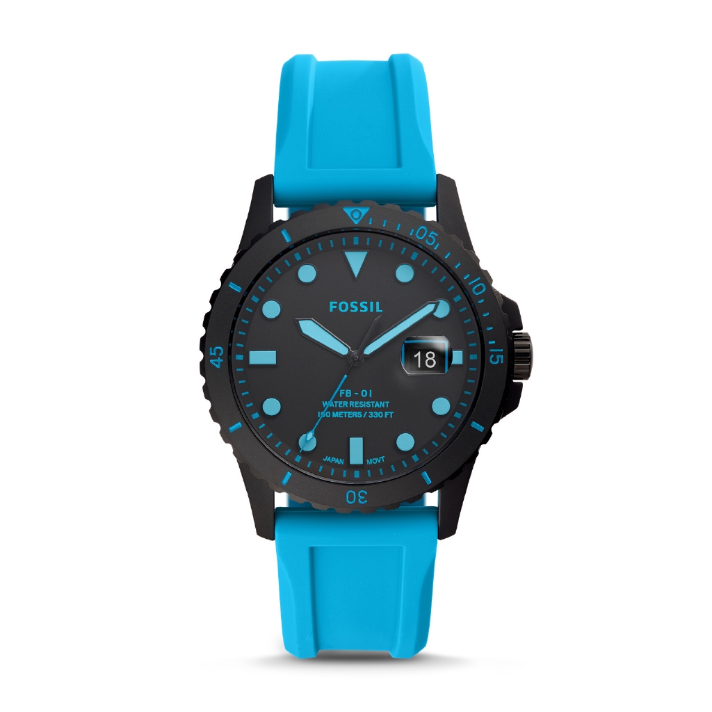 Fossil  FB-01 Three-Hand Date Neon Blue Silicone Watch FS5682 Jam Tangan Pria