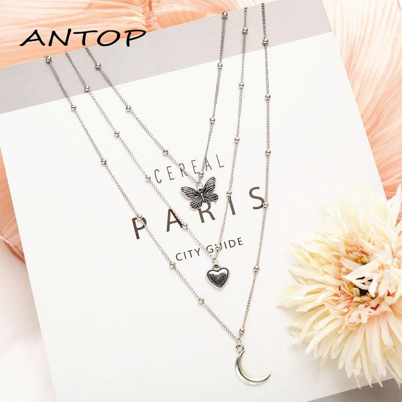 Kalung Korea Mutiara Kupu Emas Perak Rantai Multilayer Necklace Wanita Aksesoris ANTOP