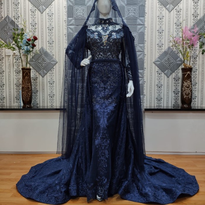 Kebaya Pesta gaun pengantin. span slim full payet ekor panjang - navy, All Size