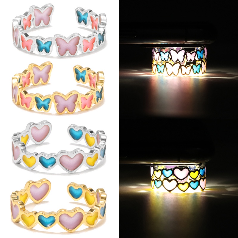 Butterfly Cincin Luminous Bentuk Hati Kupu-Kupu Bahan Tembaga Untuk Wanita