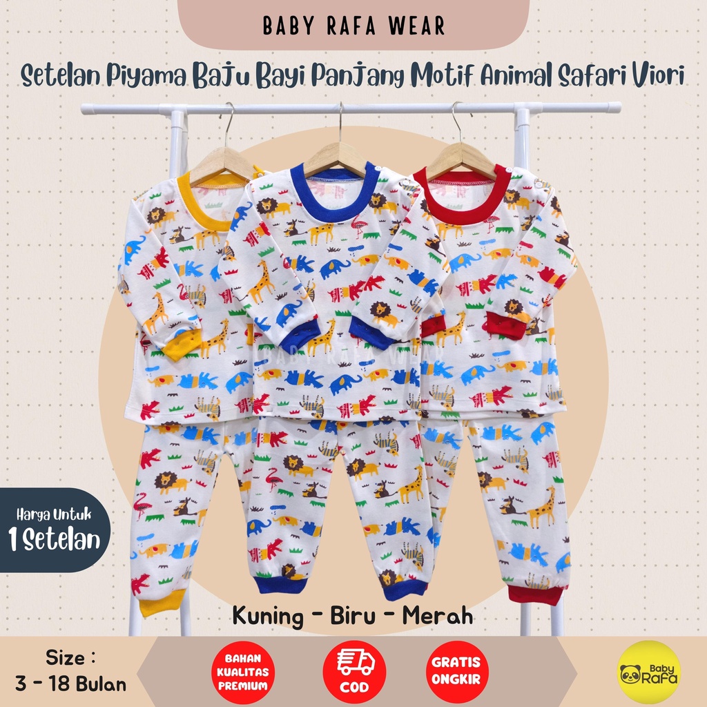 Setelan Piyama Baju Bayi Panjang 3 - 18 Bulan merk VIORI motif ANIMAL SAFARI, Bahan Double Knitted