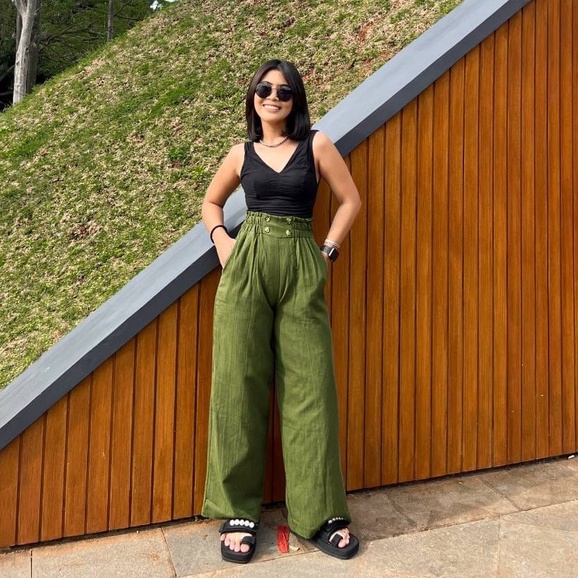 HOPYLOVY Celana Kulot Wanita Katun Linen Crinkle Button Derina / Celana Panjang Wanita Polos