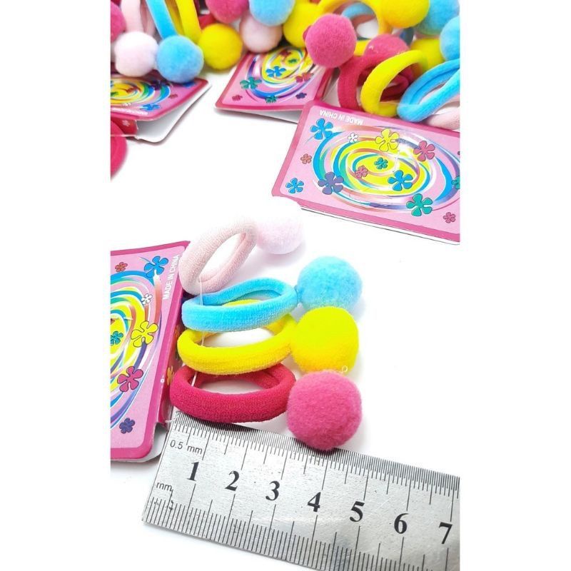 (1 CARD ISI 4) KUNCIR POMPOM / BUNGA LUCU IKAT RAMBUT POMPOM BUNGA KARET POMPOM BUNGA IMPORT BEST SELLER