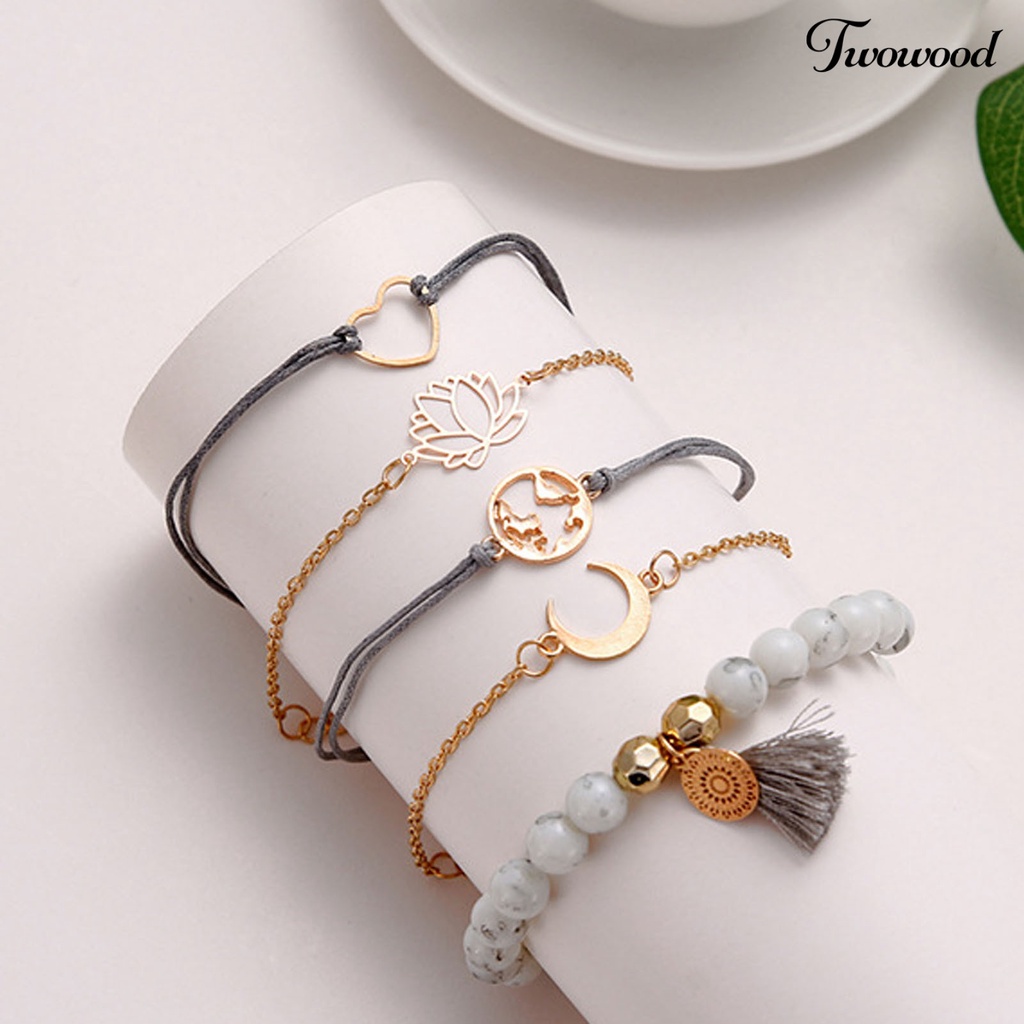 5pcs Gelang Gaya Bohemian Adjustable Stackable Untuk Wanita