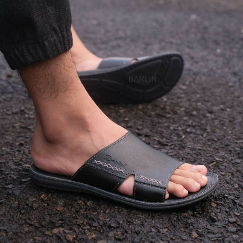 BRLN 001 Black Sendal Pria Casual Kulit Asli Warna Hitam Sendal Slide Slop Santai Full Leather