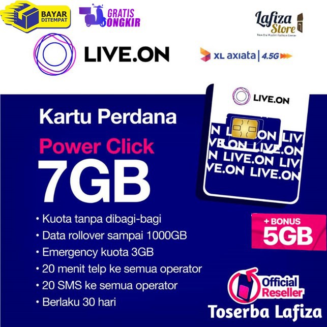 Kartu Perdana Internet LIVE ON Power Click 7GB + Bonus 5GB + Bonus Nelpon + Bonus SMS + Kuota Darurat 3GB +  Kuota Tanpa dibagi bagi - By XL Axiata 4.5G