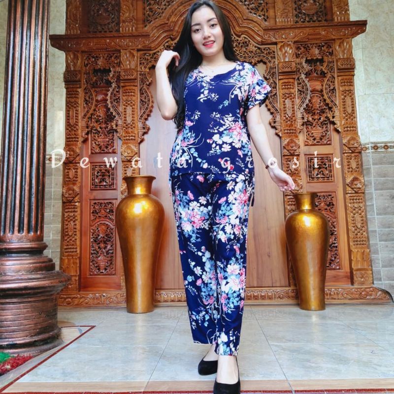 BAJU WANITA PIYAMA BAJU TIDUR SETELAN ONE SET BABYDOLL RAYON SUPER KOPI BALI ROBUSTA TERLARIS-Arare Navy