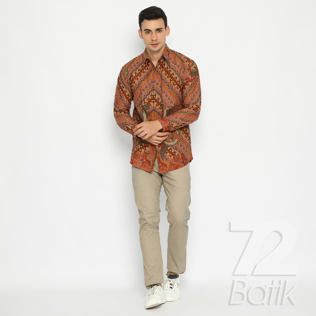 KEMEJA BATIK PRIA Lengan Panjang Premium Parang Seling Kusumo Oranye Coklat 726462 Cap 72 - Baju Kemeja Atasan Pakaian Setelan Batik Pria Cowok Laki Laki Remaja Keluarga Kantor Lengan Panjang Modern Slimfit Slim Fit Premium Kekinian