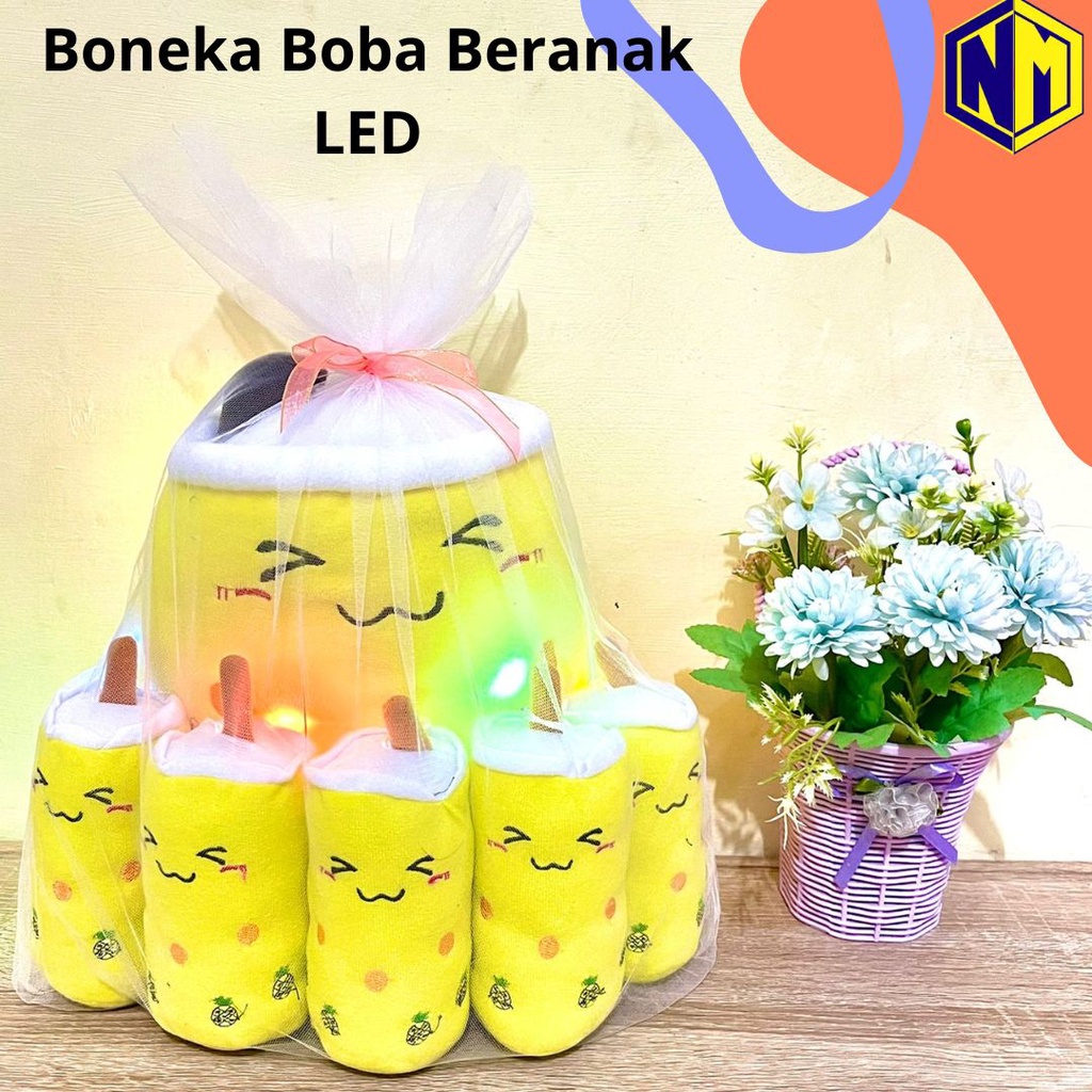 Boneka Boba Milk Tea Beranak Lampu Led Nyala Lucu Mewah Anak 5 Induk 1 Bahan Velboa halus dan lembut