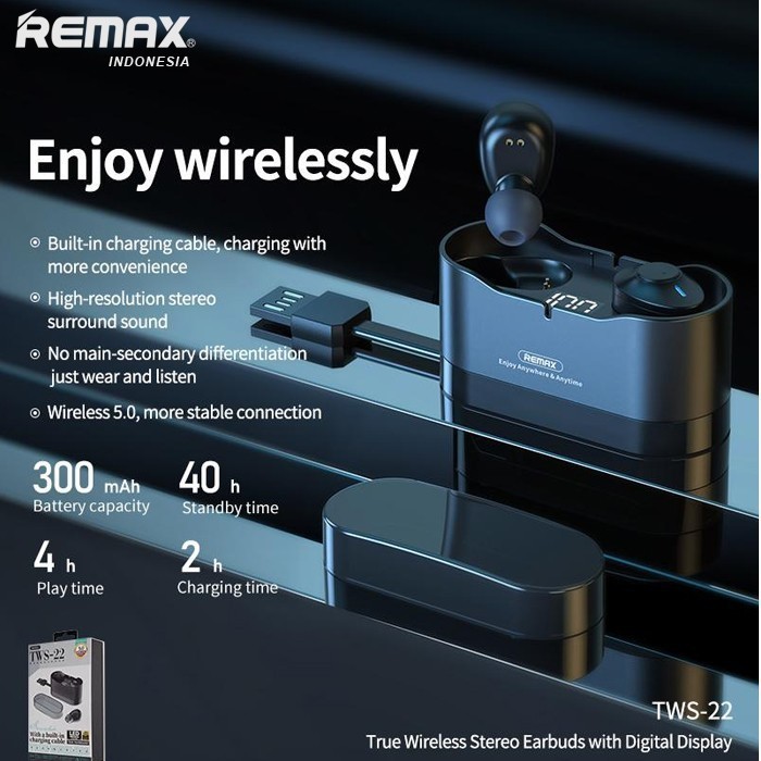 Remax True Wireless Stereo Earbuds Headset With Digital Display TWS-22 earphone