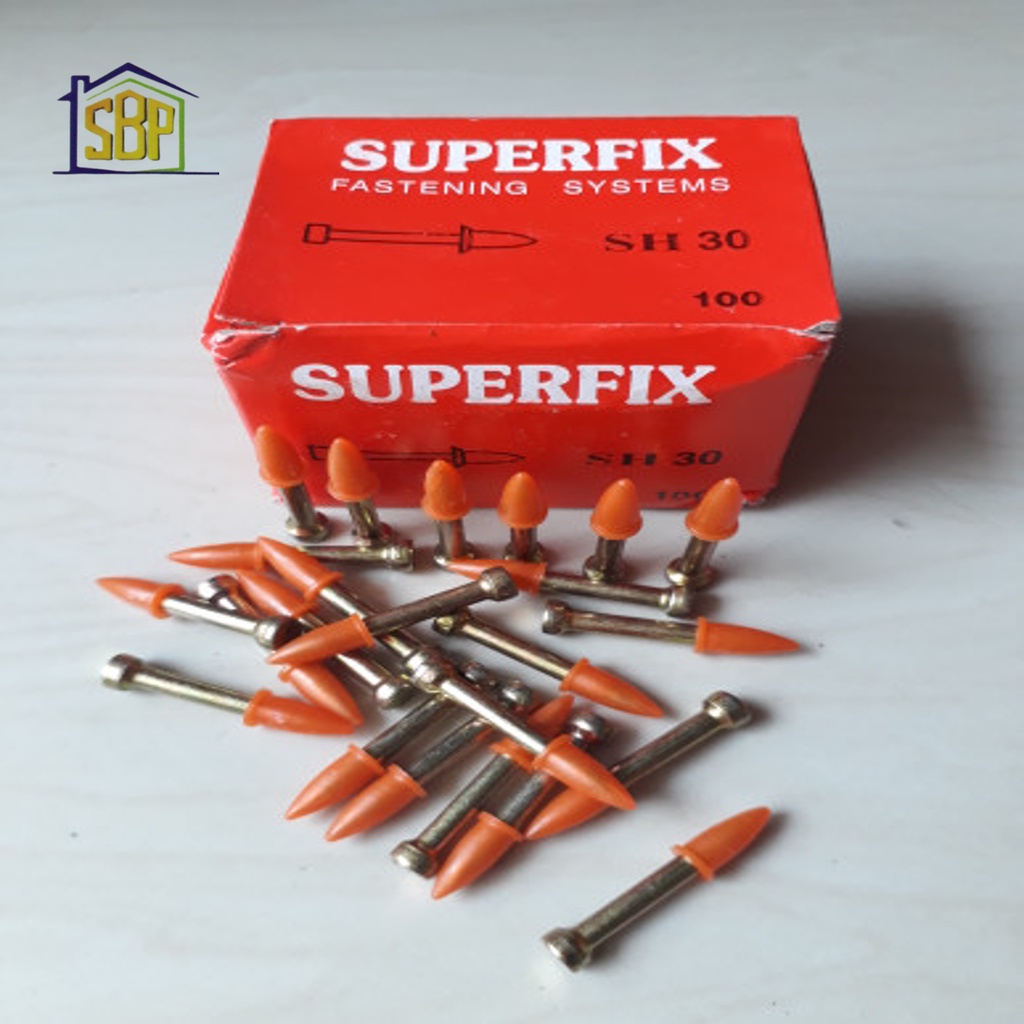 Paku Ramset Dan Mesiu Merk Superfix Panjang 3 cm Tanpa Angle Clip Isi 100 pcs Digunakan Untuk Tembak