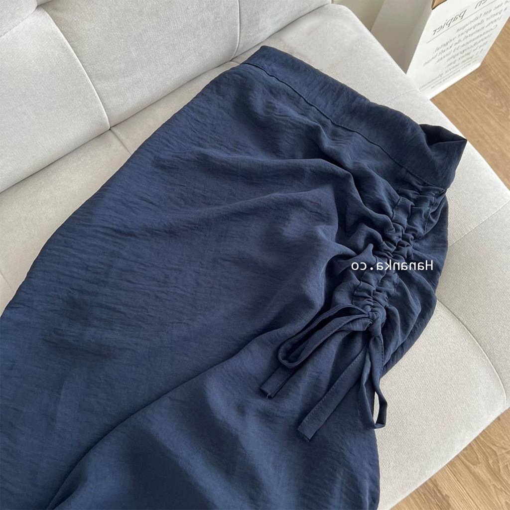 Rok Serut Casual Flowy - Midi Maxi Ruched Skirt - Rok Wanita Korean Look-Navy