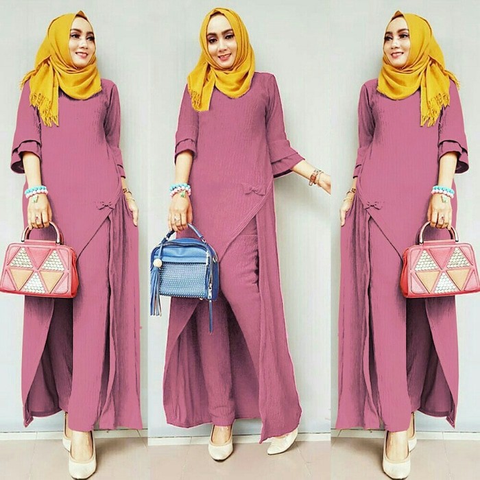 Jual Kimono Long Dusty Baju Setelan Muslim Wanita Kekinian Setelan Hijab