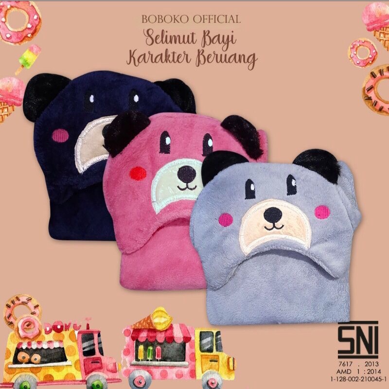 Selimut Bulu Bayi Karakter hewan Bear(Beruang) Boboko | Selimut Bayi Bahan Bludru selimut topi bahan halus dan tebal