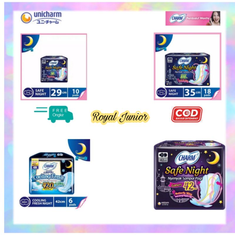 Charm Pembalut Safe Night Ukuran 23cm 29cm 35cm 42cm dan Cooling Fresh Free 2pads