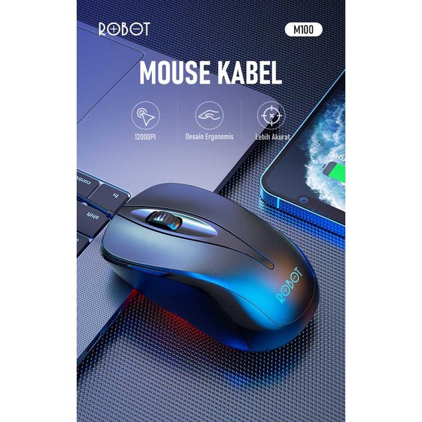 NEW Robot M100 Mouse Wired Laptop Komputer Office Mouse USB Kabel 1200 DPI Termurah (new M110 M120) - Garansi Resmi 1 Tahun