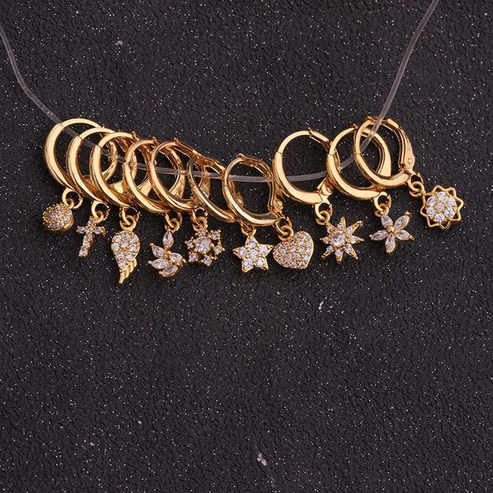 Needway Menjuntai Anting Bulat Warna Emas/ Perak Bunga Bintang Cinta Hati Aksesoris Fashion Hoop Earing