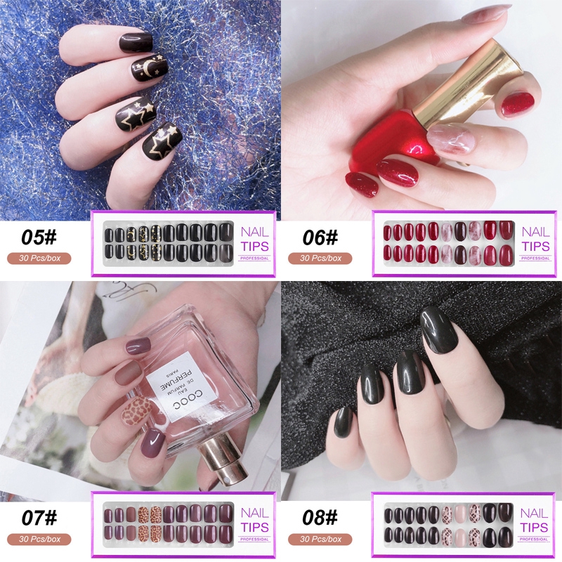 30 Pcs/box Fashion Mixed Patterns Fake Nails Kuku Palsu Full Cover Nail Tips Reusable Nail Art False Nails