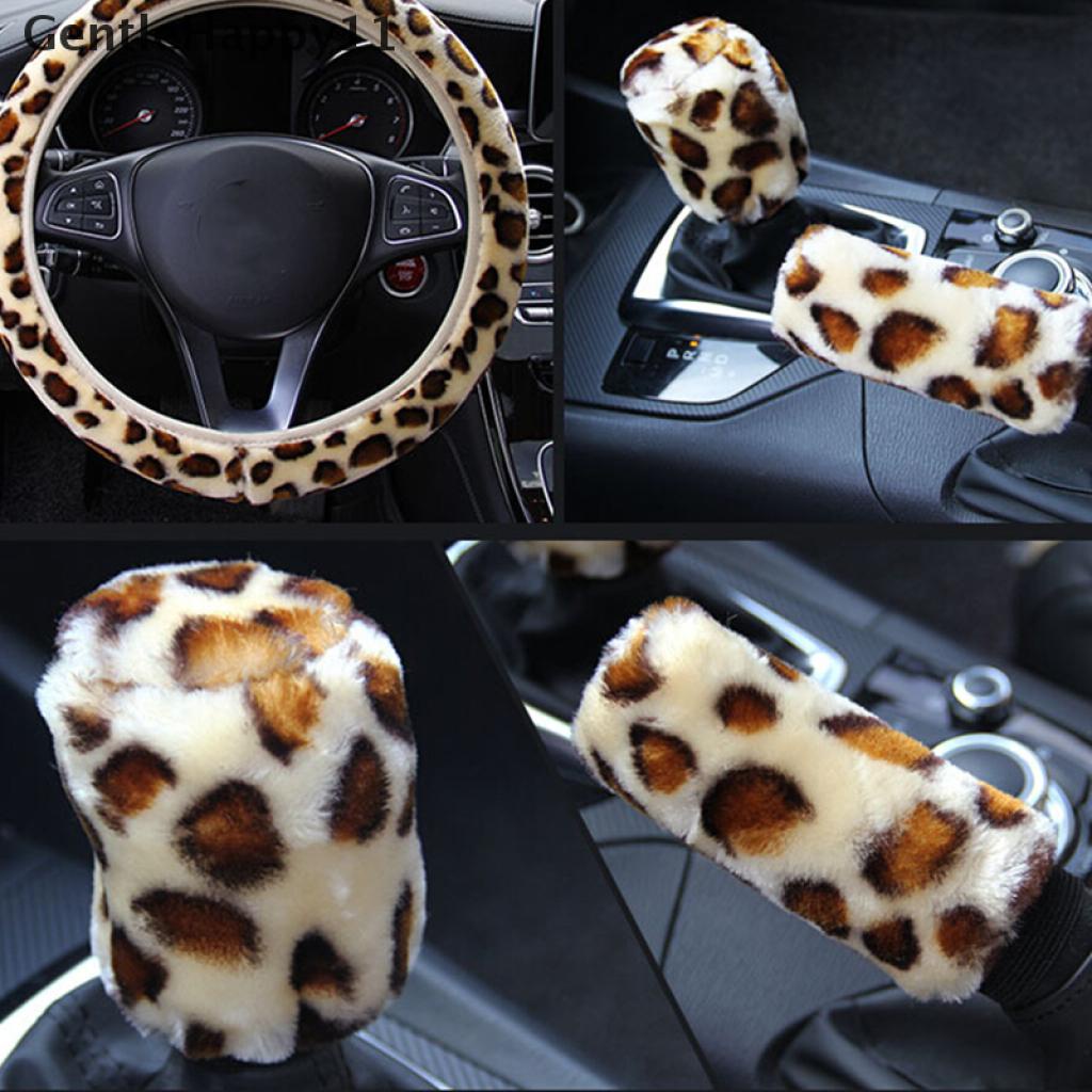 Gentlehappy 3Pcs/Set Leopard Bulu Halus Mewah Penutup Setir Musim Dingin Aksesoris Mobil