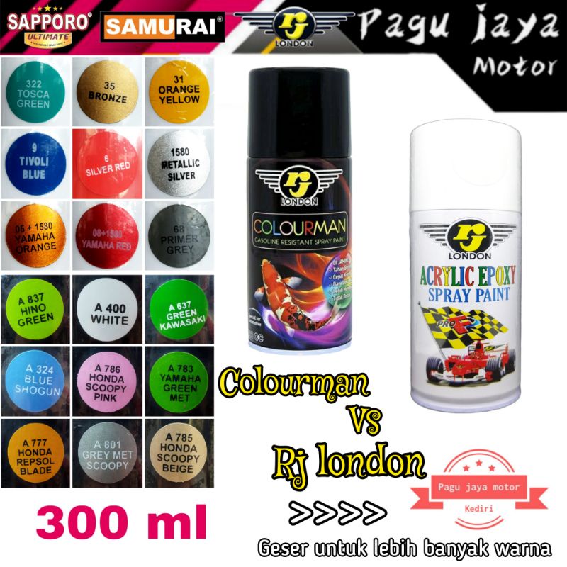 CAT SEMPROT RJ LONDON DAN COLOURMAN 300ml SEMUA WARNA PILOX PILOK hitam black putih white clear red merah blue biru yellow kuning orange bronze green candytone candy tone brown gloss glossy metallic metalik flat doff matte