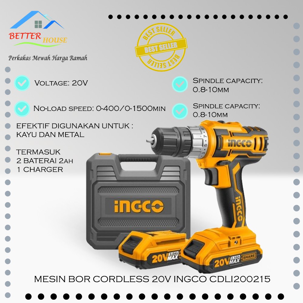 MESIN BOR CORDLESS 20V BOR BATERAI 20V INGCO CDLI200215