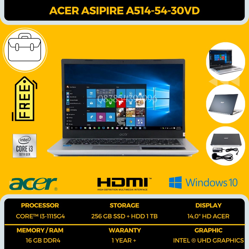 BARU ! ACER ASPIRE A514 54 30JV | CORE I3-1115G4 | RAM 16GB DDR4 | SSD 256GB + HDD 1TB (COMBO STORAGE) | 14&quot; HD | FREE TAS LAPTOP &amp; INSTALL WINDOWS 10 - TEKNO KITA