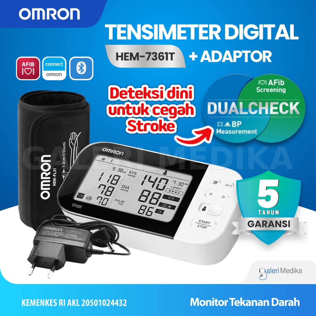 Tensimeter Digital Omron HEM-7361T / HEM 7361 T + Adaptor - Tensimeter dengan Koneksi Bluetooth