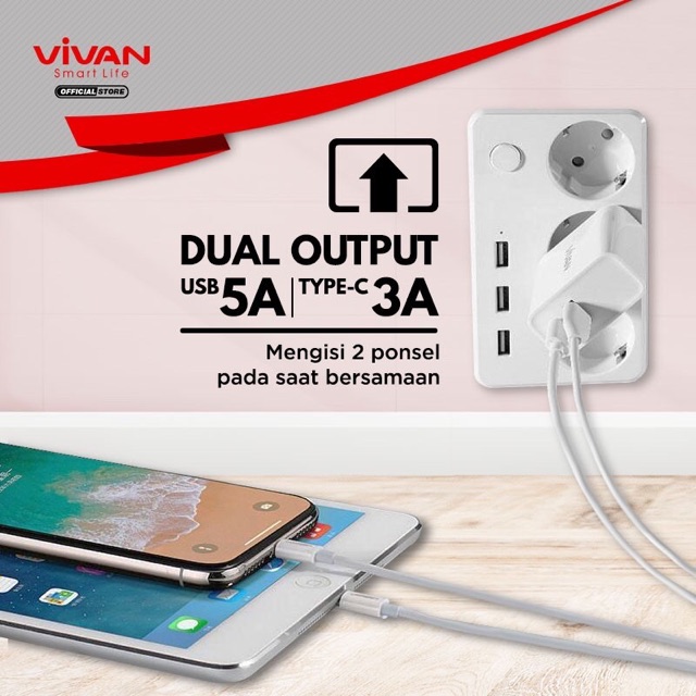 Original Charger VIVAN Universal Fast Charger 5A Type C &amp; USB Android iPhone Samsung Xiaomi Cas DT01