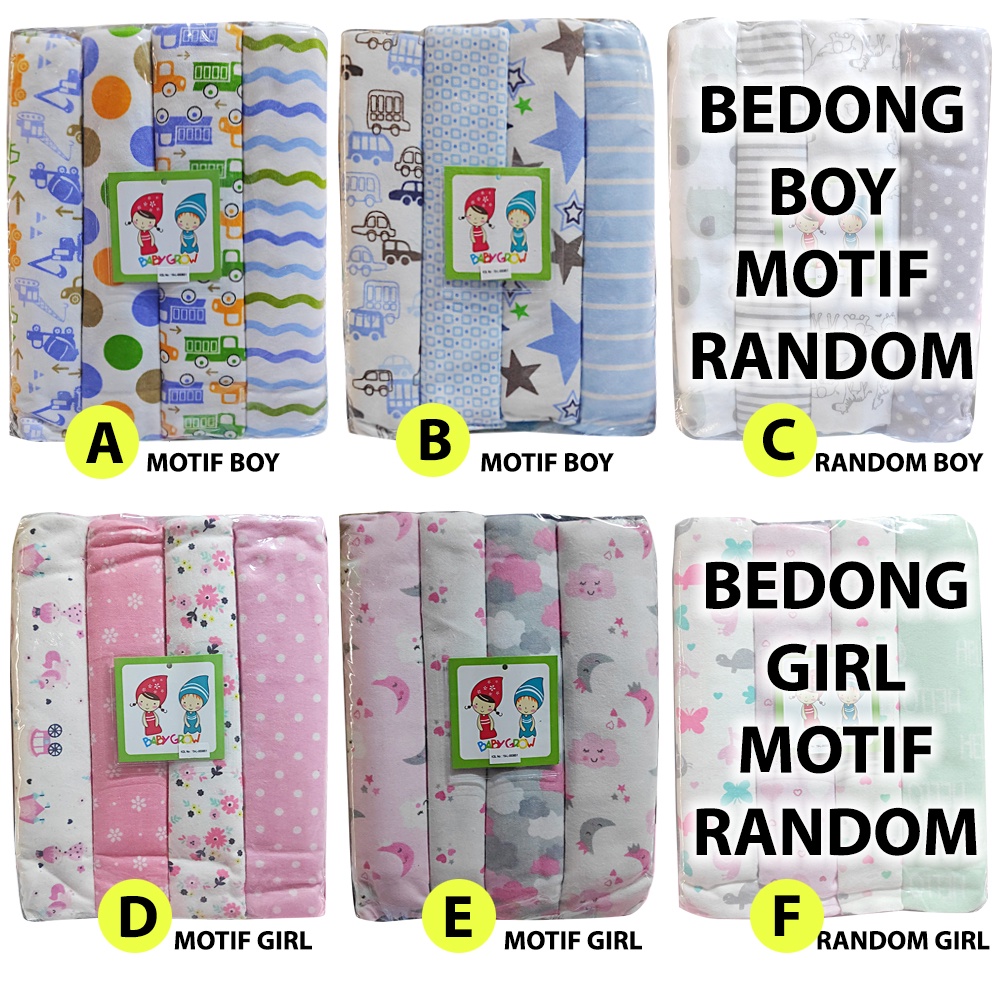 Baby Grow Bedong Bayi Flanel isi 4 Motif Baru 76cmx102cm BabyGrow Selimut Bayi Baru Lahir