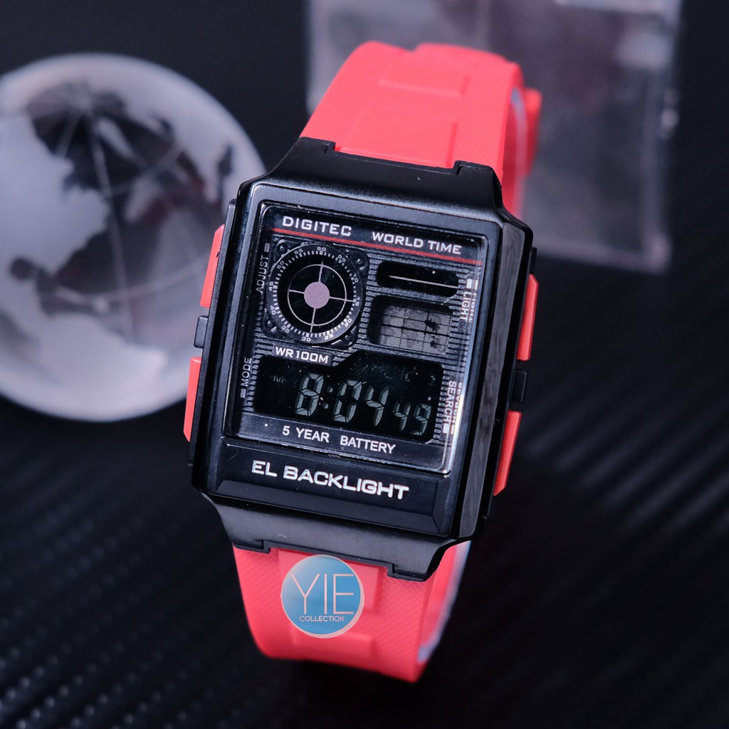 Jam Tangan Pria Sport Army Digitec DG 3077 World Time Dual Time Original Anti Air Merah