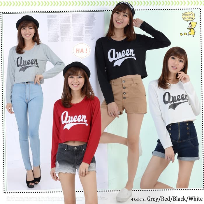 Manset - Crop Top - Atasan Wanita Michellestore Kaos Wanita Crop Top Queen Long Sleeve - Merah